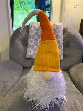 Whimsical Gnome Plush with Orange and Yellow Knit Hat